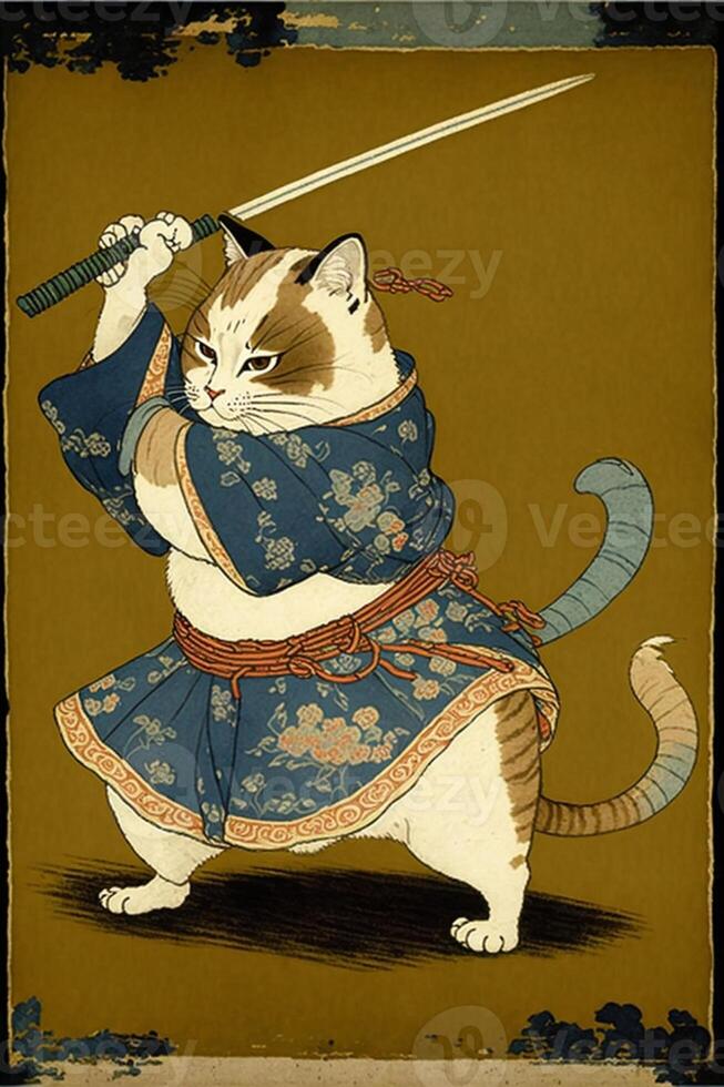 Katze gekleidet wie ein Samurai mit ein Schwert. generativ ai. foto