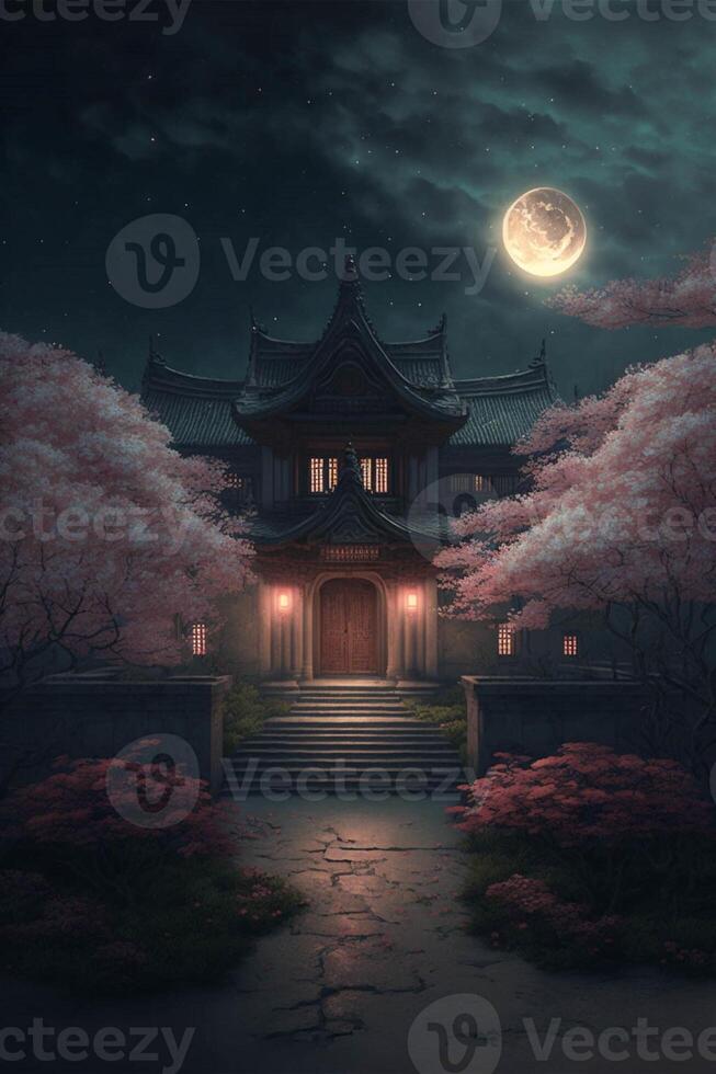 Haus beim Nacht mit ein voll Mond im das Himmel. generativ ai. foto