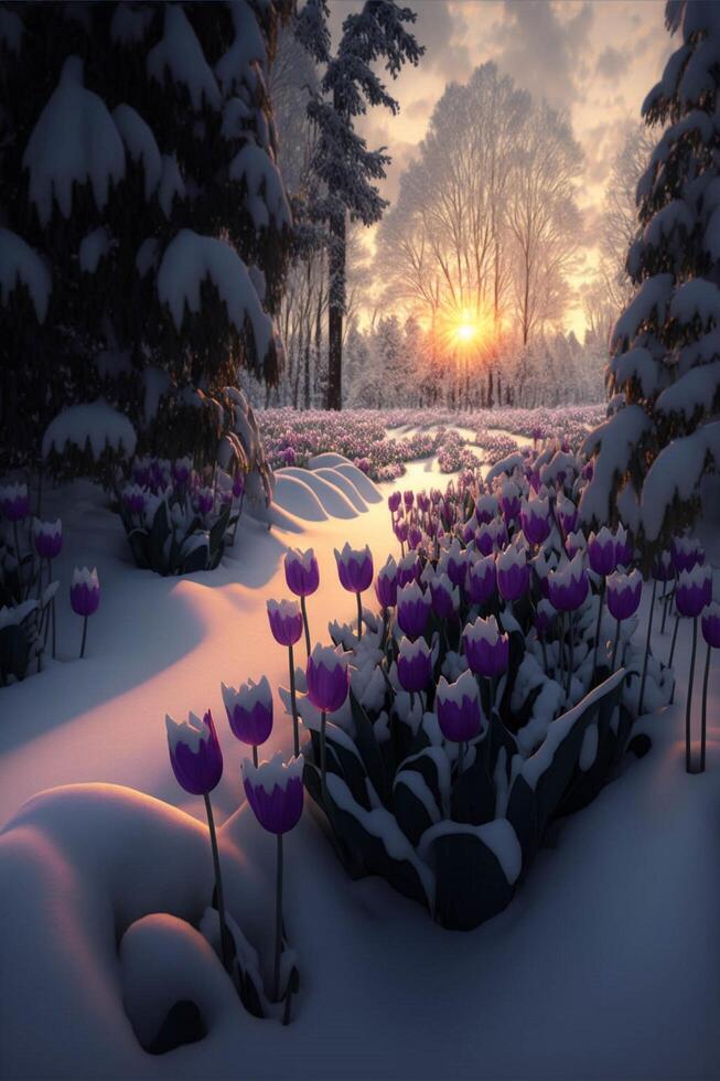 Feld von lila Tulpen bedeckt im Schnee. generativ ai. foto