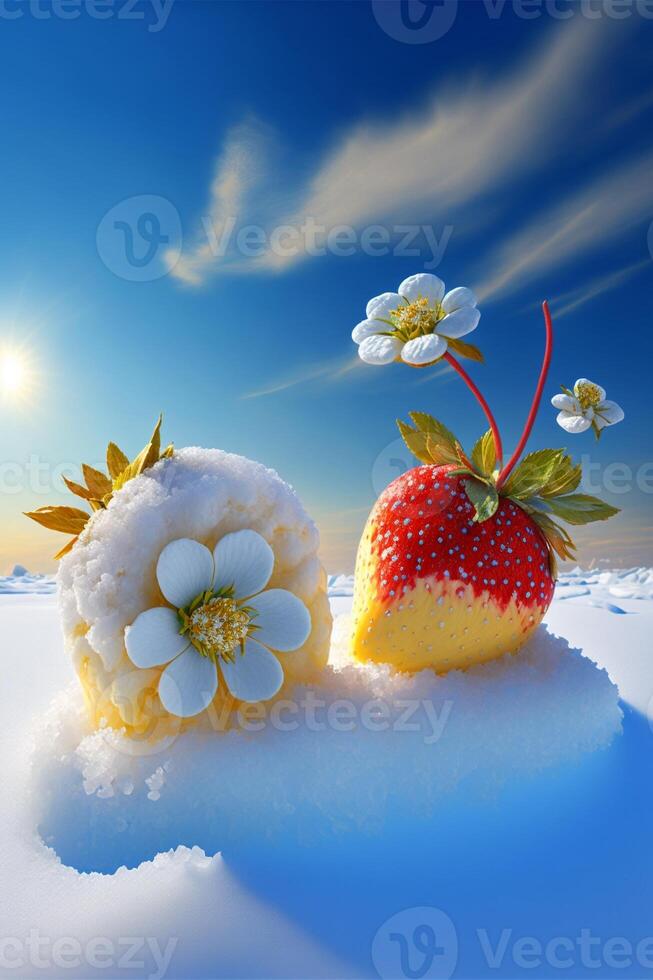 Paar von Erdbeeren Sitzung auf oben von ein Schnee bedeckt Boden. generativ ai. foto