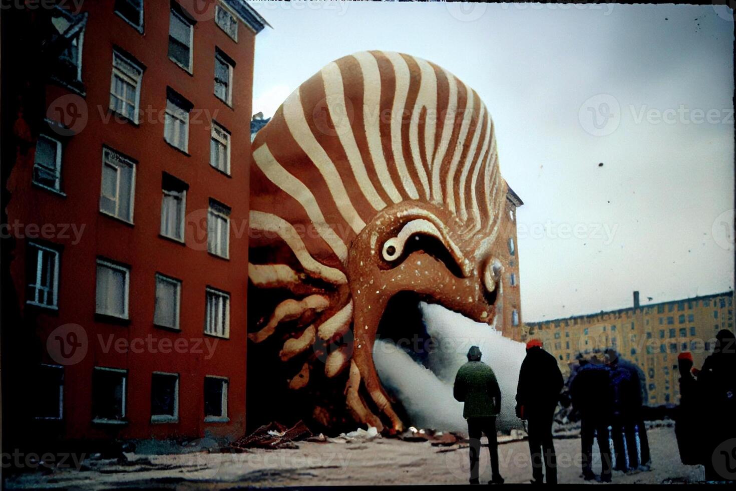 Riese Tintenfisch Statue im Vorderseite von ein Gebäude. generativ ai. foto