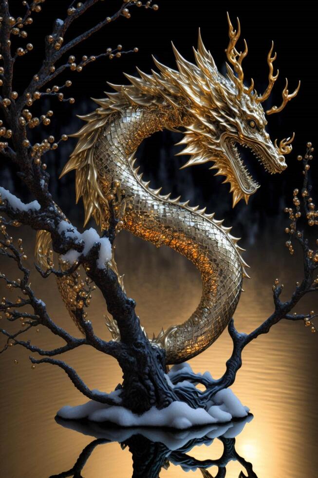 golden Drachen Statue Sitzung auf oben von ein Schnee bedeckt Baum. generativ ai. foto