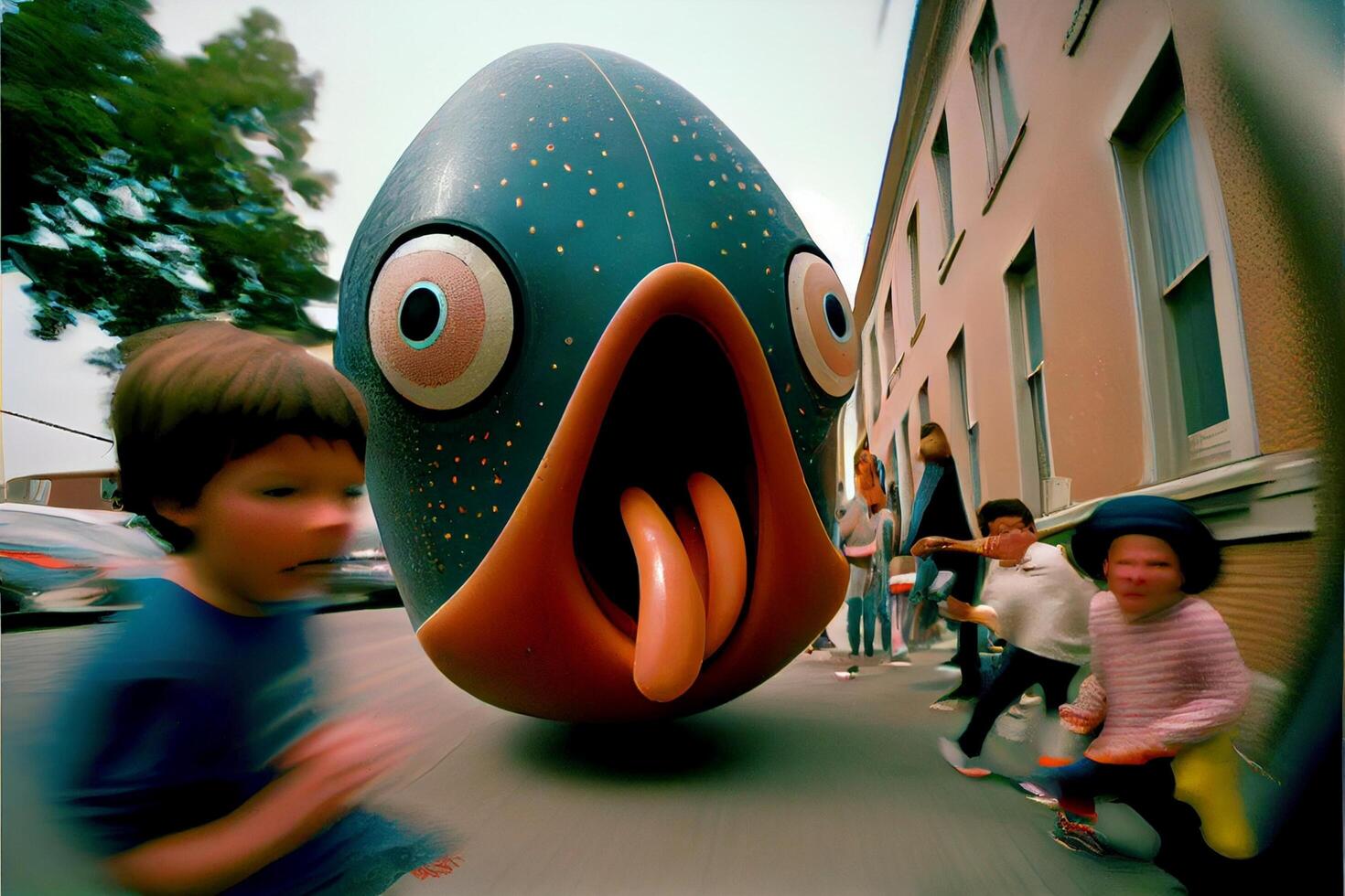 wenig Junge Reiten ein Skateboard Nächster zu ein groß Fisch Skulptur. generativ ai. foto