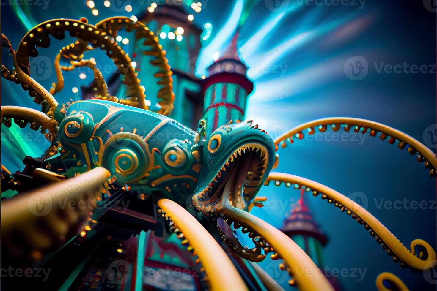 schließen oben von ein Tintenfisch Statue mit Beleuchtung im das Hintergrund. generativ ai. foto