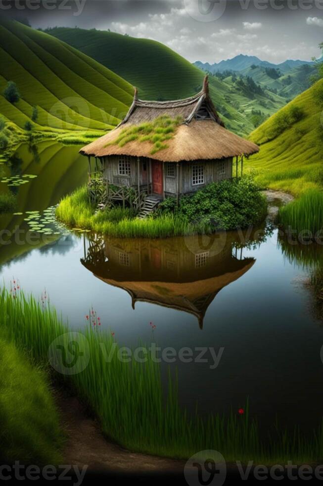 klein Hütte Sitzung auf oben von ein üppig Grün Hang. generativ ai. foto