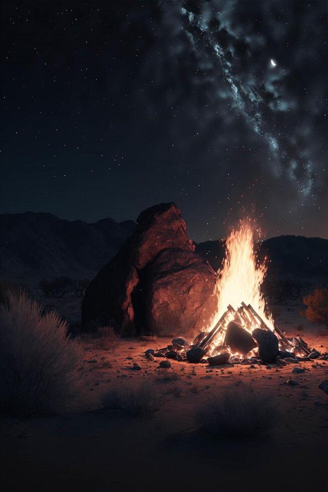 Lagerfeuer im das Mitte von ein Wüste beim Nacht. generativ ai. foto