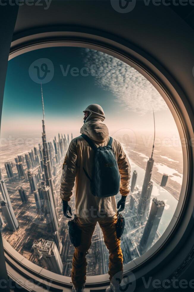 Mann ist suchen aus von ein Flugzeug Fenster. generativ ai. foto