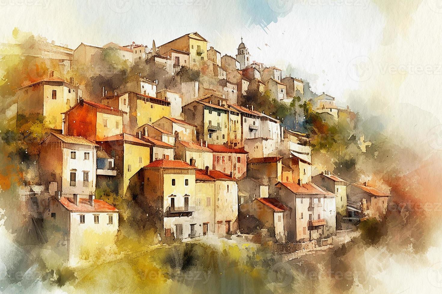 ein alt Stadt, Dorf mit Fassaden von Häuser, das Bild ist gemalt mit Aquarelle auf texturiert Papier. foto