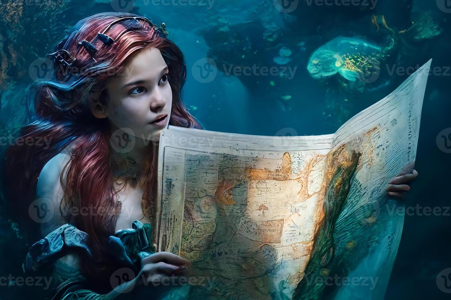 ein Meerjungfrau unter Wasser studieren ein Navigation Diagramm. generativ ai foto