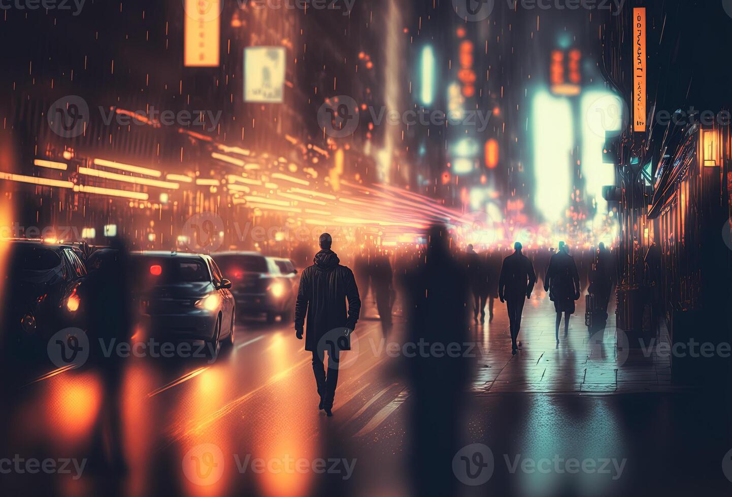 dunkel Silhouetten von Menschen, Regen, Reflexionen im das nass Asphalt. Nacht Stadt Straße beleuchtet durch Neon- Licht. 3d Wiedergabe. ai generiert. foto