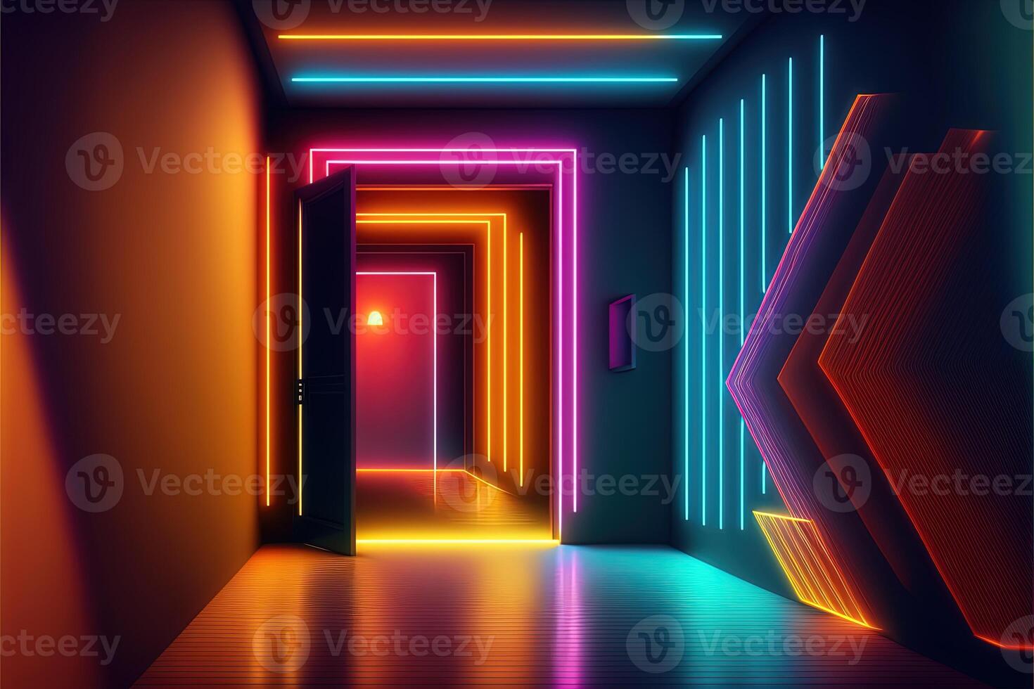 Fantastisch Neon- Tunnel, virtuell Kunst Galerie Konzept . Eintauchen im virtuell Wirklichkeit, künstlich Intelligenz. dunkel abstrakt Hintergrund mit mehrfarbig glühen. 3d Wiedergabe. ai generiert. foto