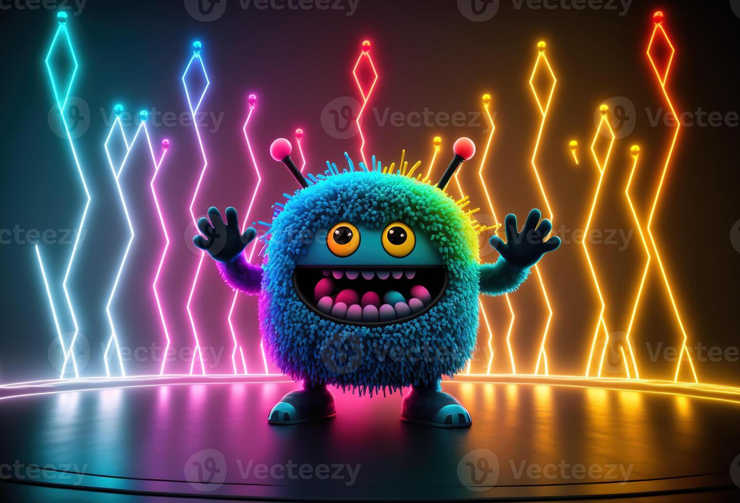 3d Charakter süß Monster- Tanzen im ein Nachtclub. das komisch zahnig Außerirdischer ist haben Spaß beim das Party auf Bühne im Neon- Licht. ai generiert foto