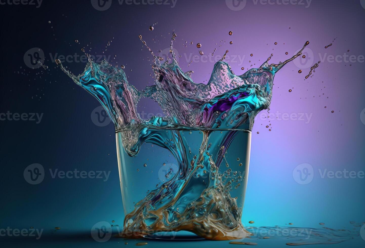 ein Glas mit ein Spritzen von farbig transparent flüssig. ein Explosion von Wasser Tröpfchen auf ein abstrakt Gradient Hintergrund. 3d Wiedergabe. ai generiert. foto