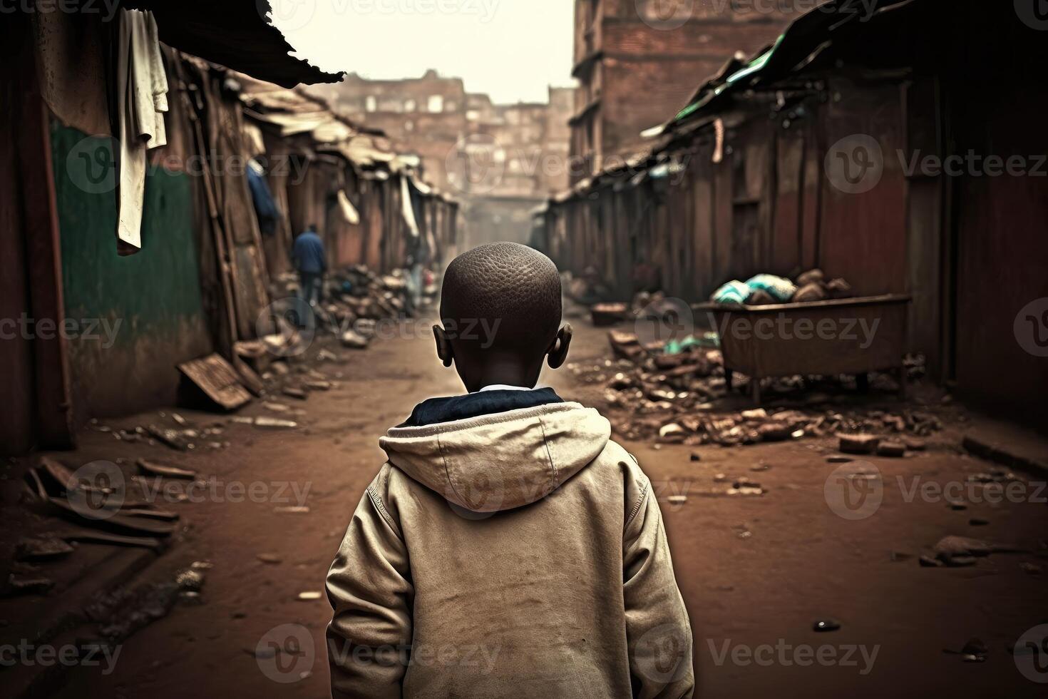 ai generiert hungrig Junge auf das Slum Bezirk. zurück Sicht. foto
