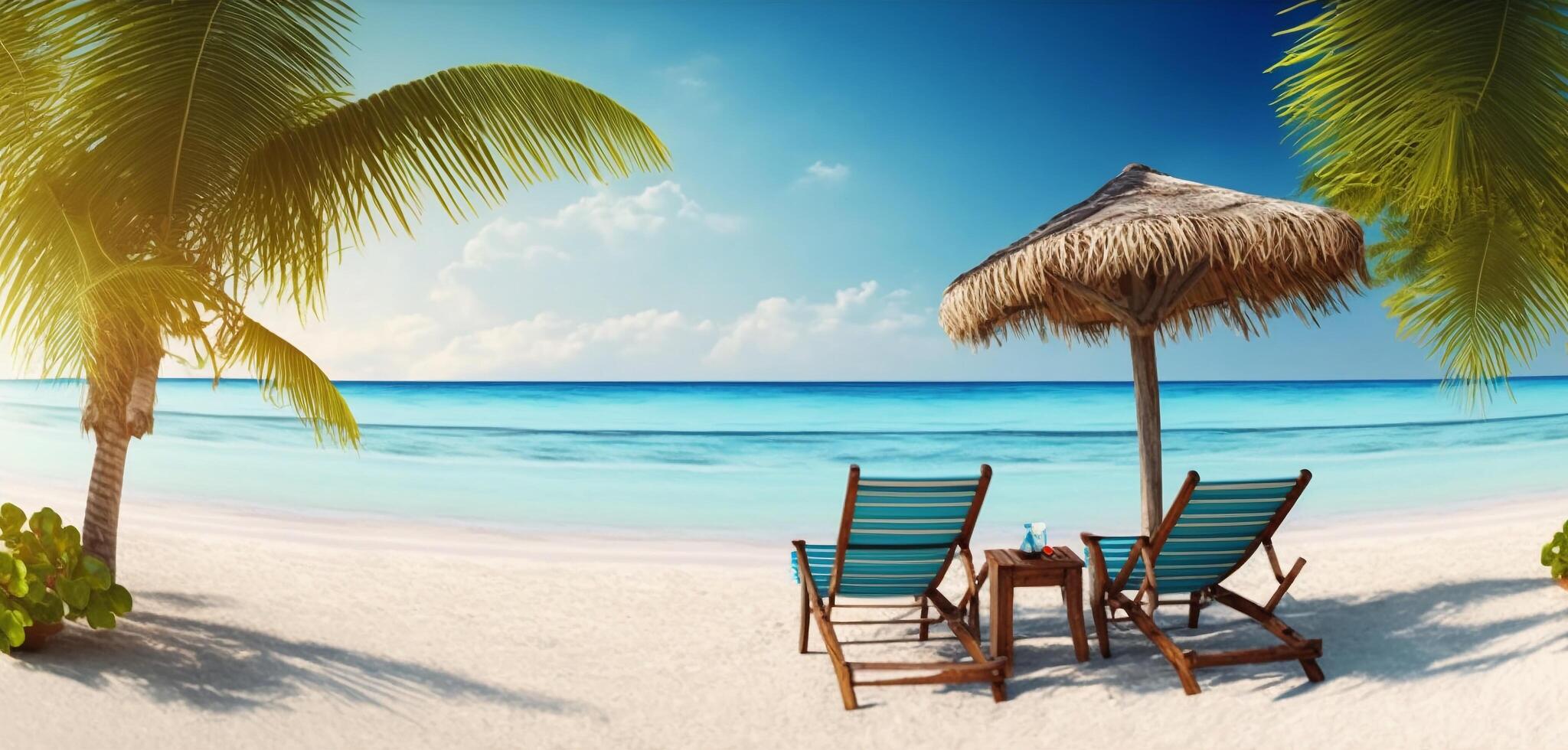 das Strand mit Palme Baum und Stuhl mit ai generiert foto