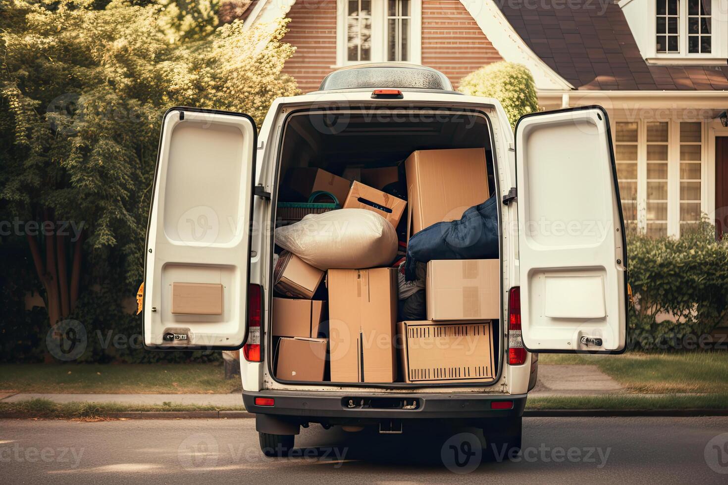 öffnen Ladung van mit Karton Kisten, ziehen um Konzept. generativ ai foto