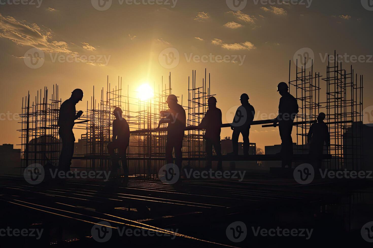 Silhouetten von Ingenieure beim Konstruktion Seite? ˅ beim Sonnenuntergang. generativ ai foto