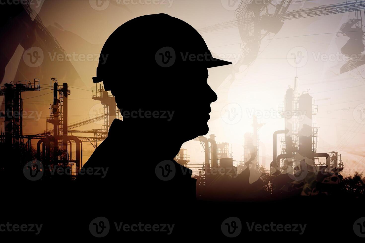 Silhouette von industriell Arbeiter mit Öl Raffinerie Pflanze wie Hintergrund. generativ ai foto