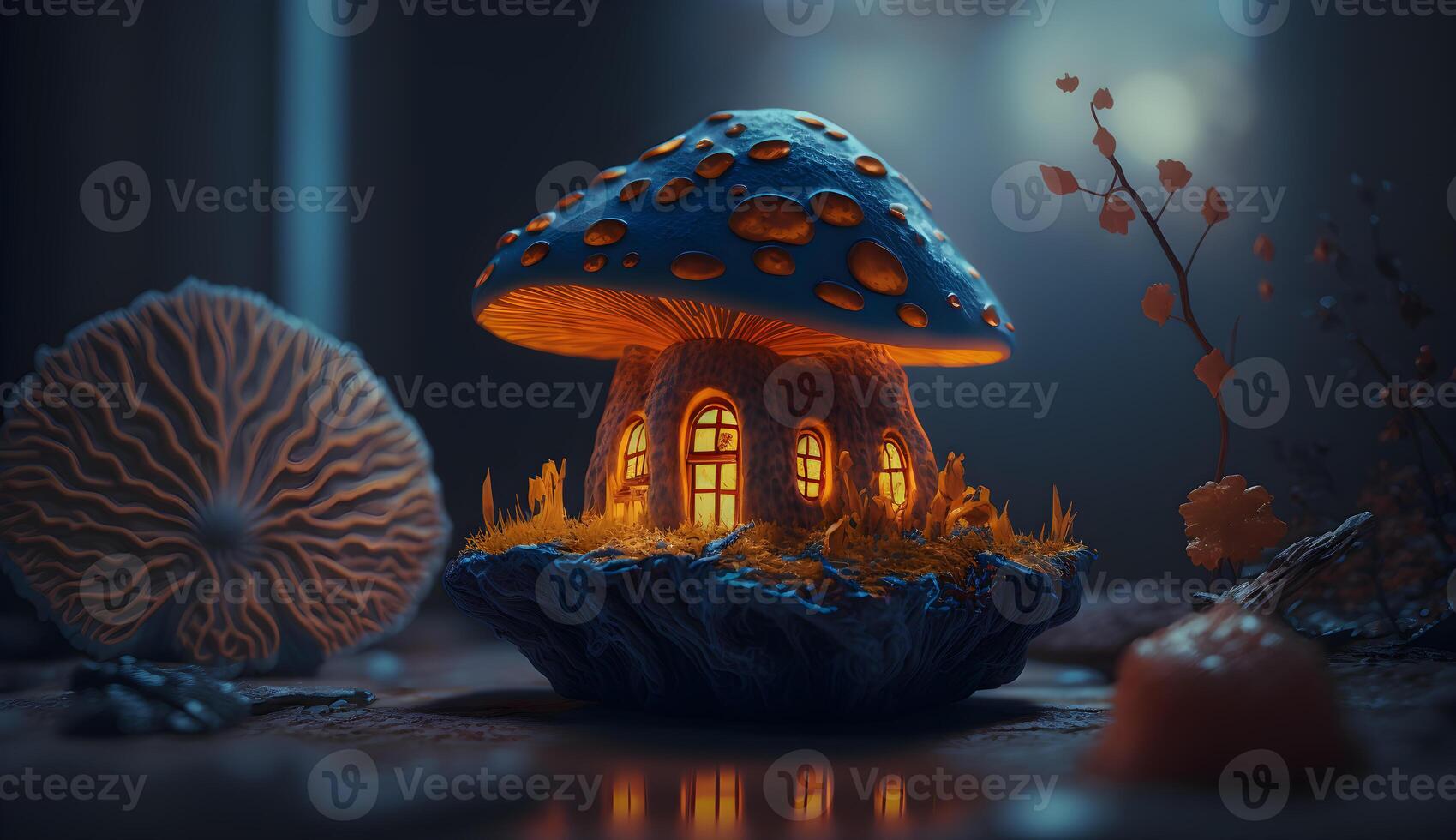 Illustration von giftig Pilz Haus, Zwerg Fee Gehäuse von giftig Pilze generativ ai foto