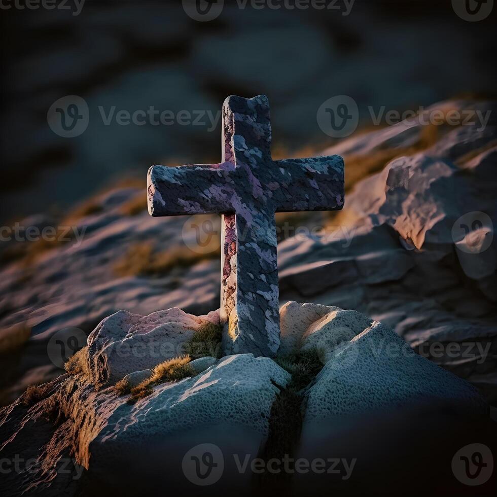 Christian Symbol auf oben von Felsen, Kreuz Symbol auf das Felsen Hügel generativ ai foto