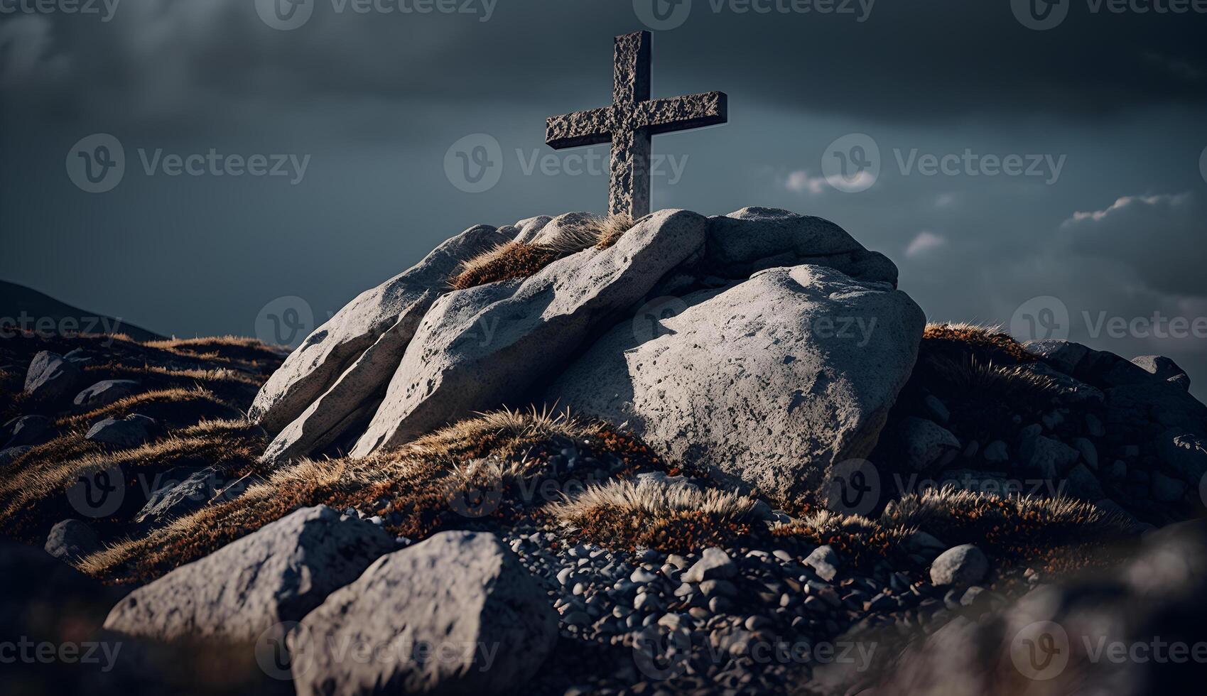 Kreuz Symbol auf das Felsen Hügel, Christian Symbol auf oben von Felsen generativ ai foto