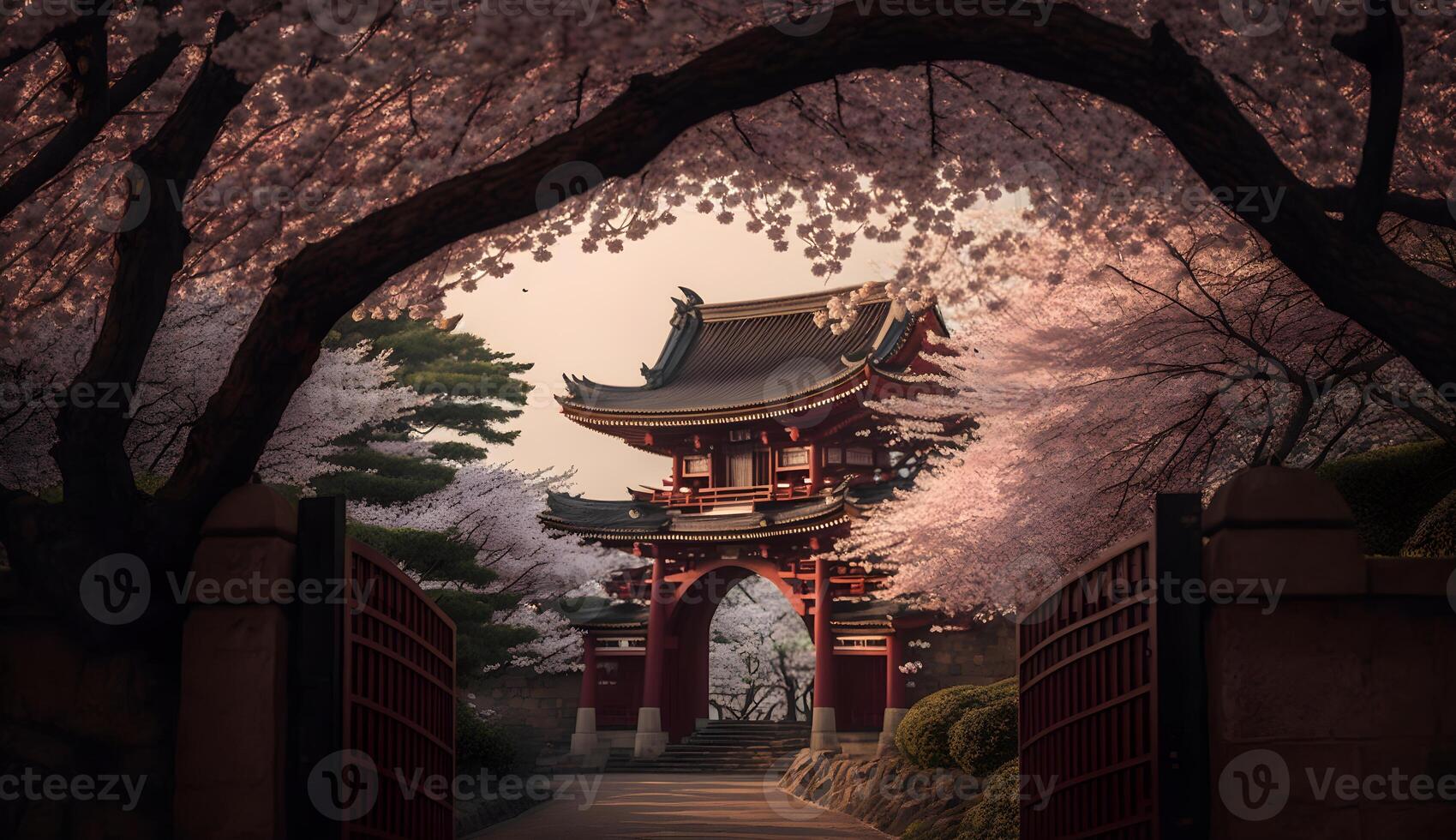 toji Tor im Kirsche blühen Garten, japanisch Garten Landschaft .generativ ai foto