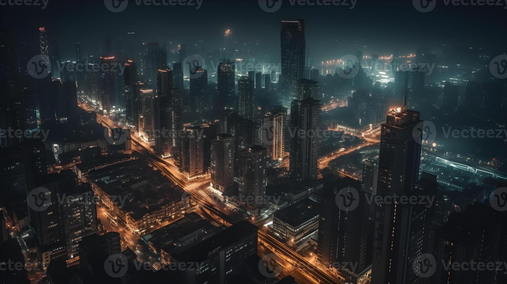 Aussicht von Wolkenkratzer durch Drohne beim Nacht ,generativ ai foto