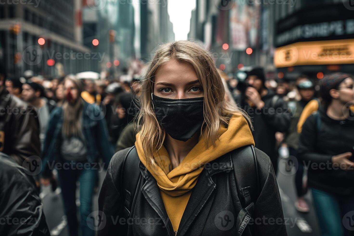 jung Frau im ein protestieren Menge. das Menge versammelt zu Protest. generativ ai foto