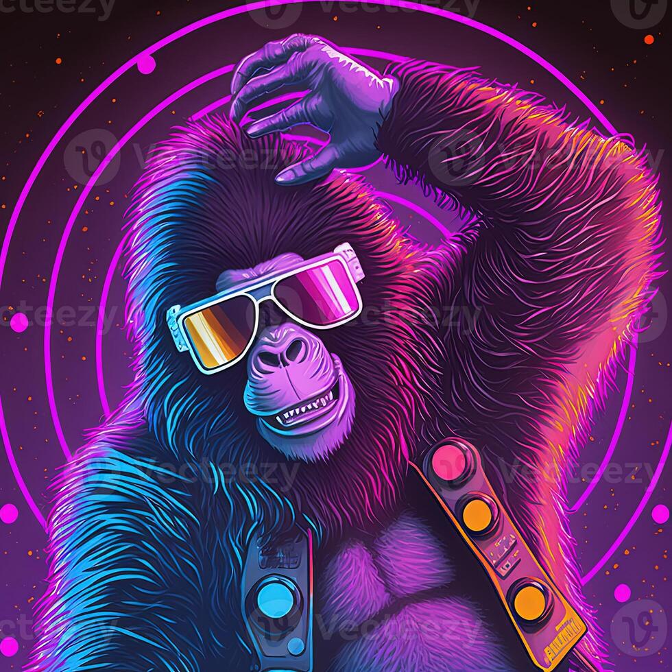 cool Neon- Party Tanzen Gorilla im Sonnenbrille. generativ ai nicht basierend auf irgendein tatsächlich Szene foto