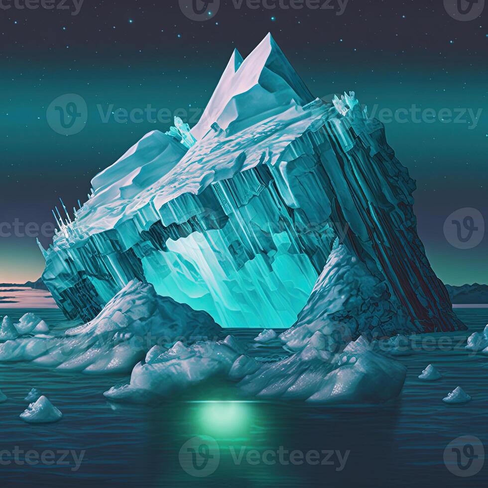 Poster mit Neon- Eisberg. generativ ai. nicht basierend auf irgendein tatsächlich Szene foto