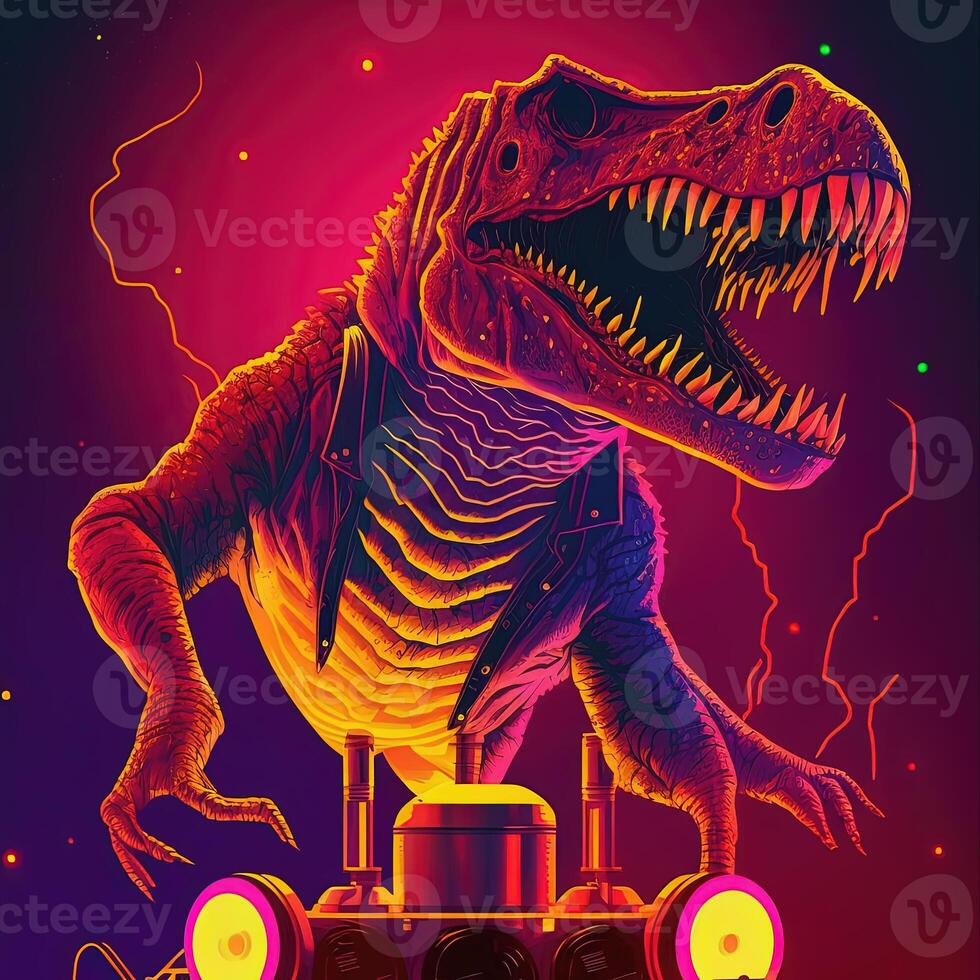 Neon- Party dj Tyrannosaurus rex mit Klaviatur. generativ ai. nicht basierend auf irgendein tatsächlich Szene foto