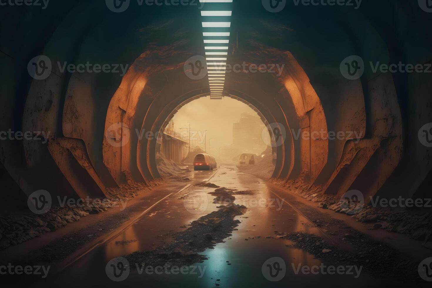 Post-apokalyptischen Tunnel nach Regen mit Orange radioaktiv Staub. neural Netzwerk ai generiert foto