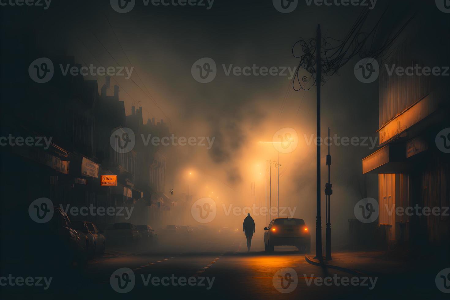 Silhouette im neblig Gasse beim Nacht Stadt Straße, Geheimnis und Grusel nebelig Stadtbild Atmosphäre. neural Netzwerk generiert Kunst foto