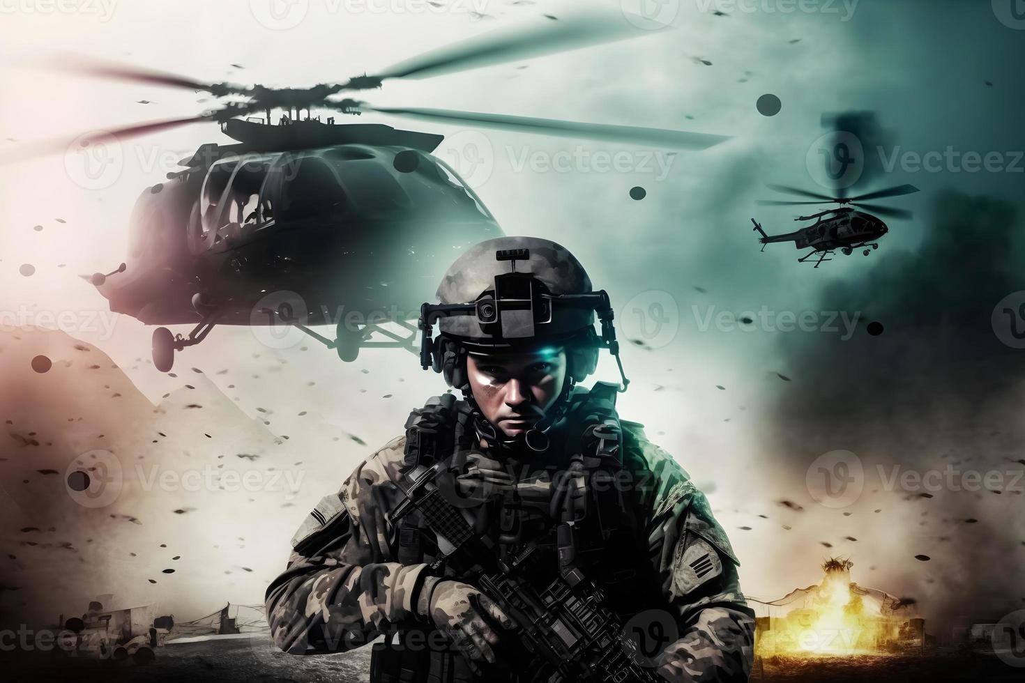 Soldaten sind mit Drohne zum Scouting während Militär- Betrieb im das Wüste. neural Netzwerk generiert Kunst foto