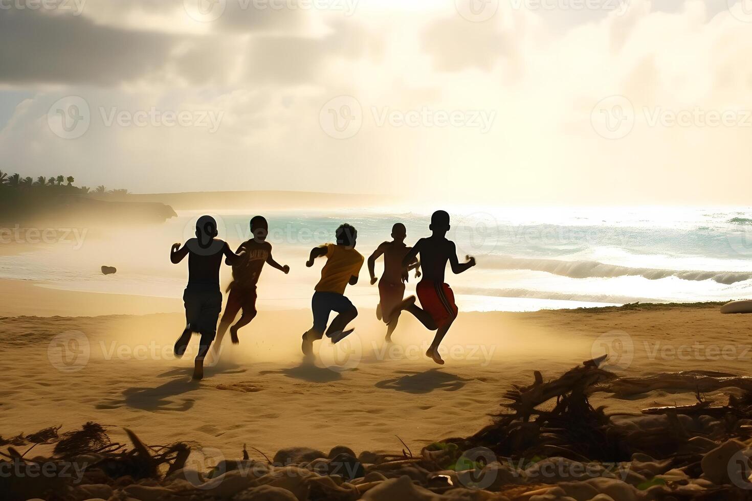 ein Gruppe von Kinder spielen auf das Strand. neural Netzwerk ai generiert foto