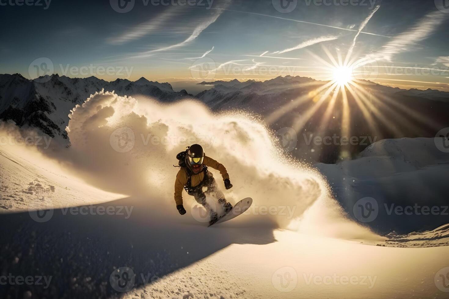 jung Mann Snowboarder Laufen Nieder das Steigung im alpin Berge. Winter Sport und Erholung. neural Netzwerk ai generiert foto