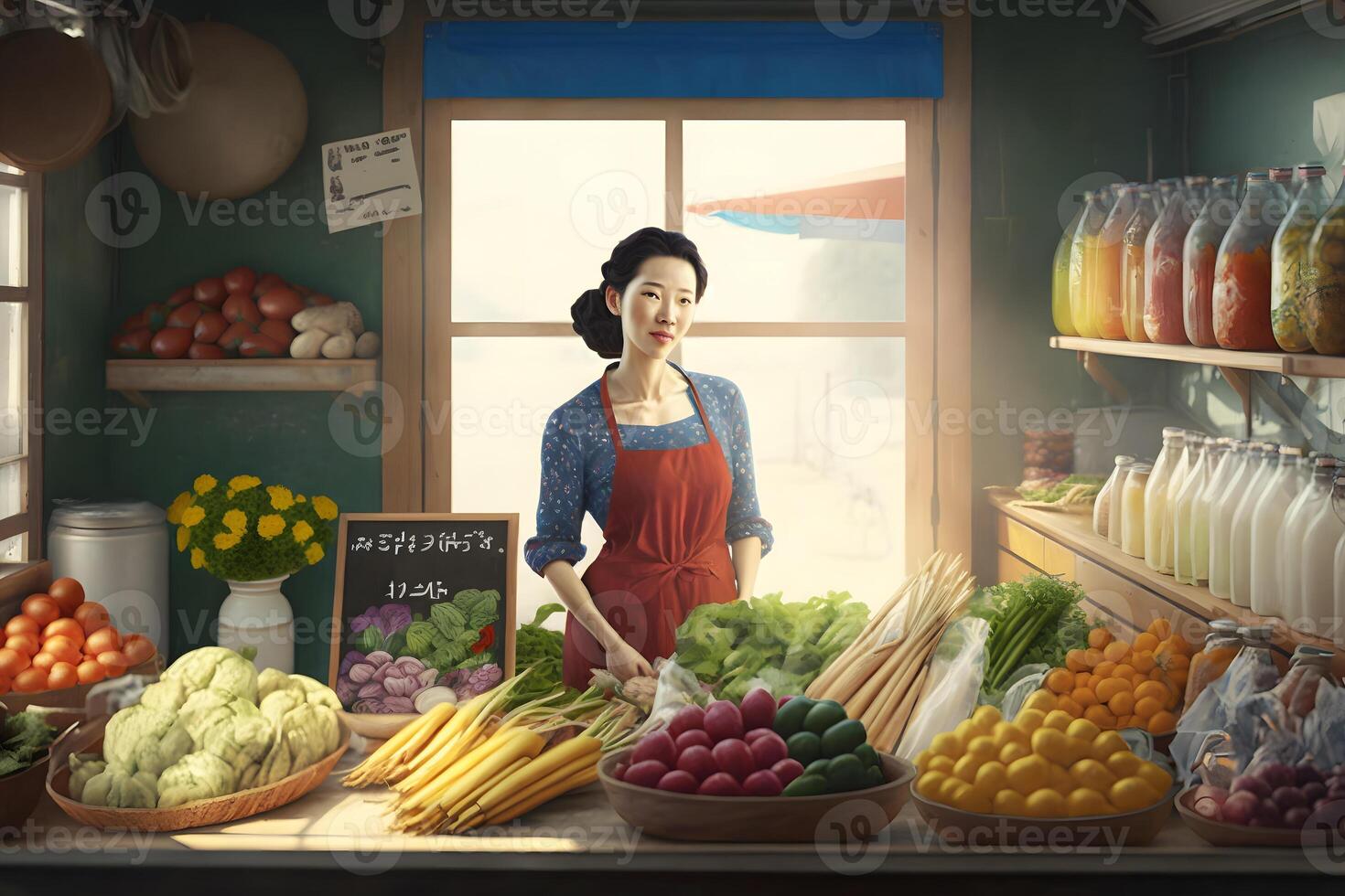 schön asiatisch Frau verkauft Gemüse. neural Netzwerk ai generiert foto