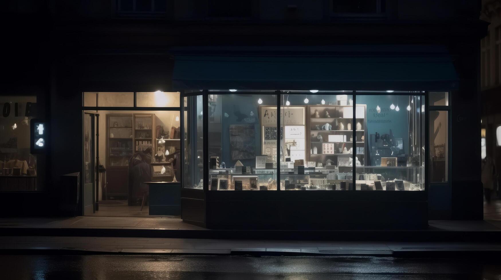 leeren Geschäft Layout Straße Fenster Anzeige im das Stadt beim Nacht. Illustration ai generativ foto