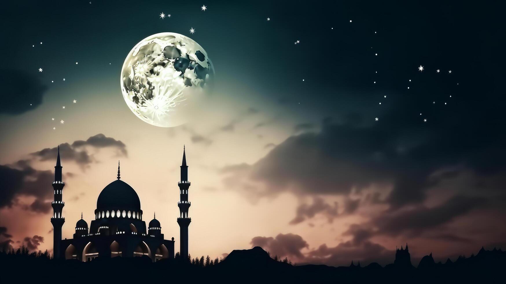 Moschee im Vorderseite von Nacht wolkig und sternenklar Himmel Illustration ai generativ foto