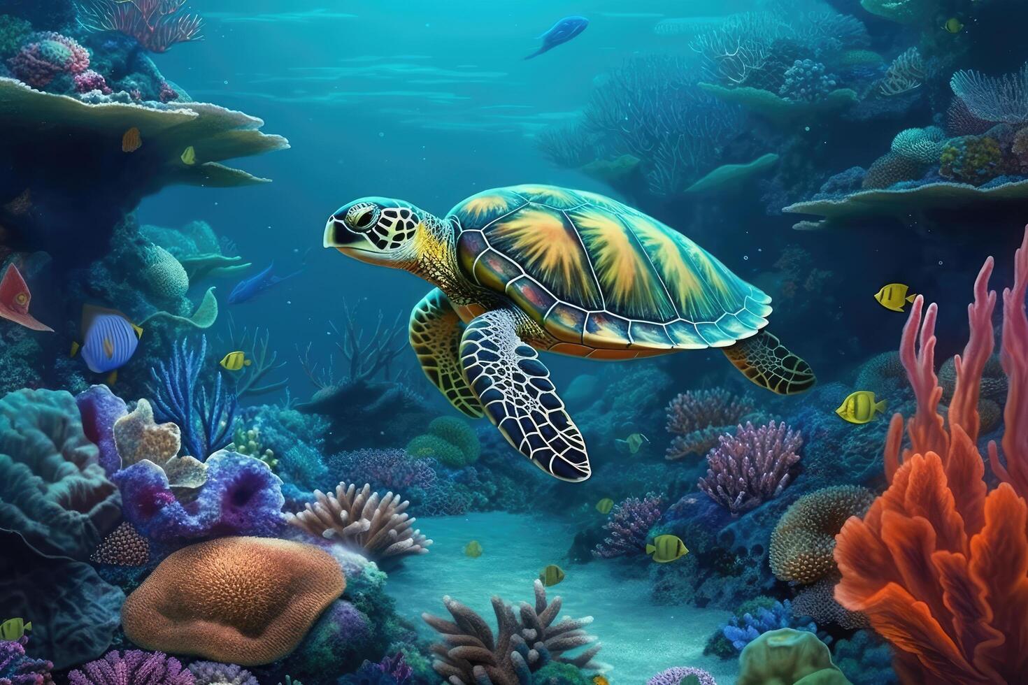 Schildkröte Schwimmen durch lumineszierend beschwingt bunt Koralle Riff . ai generiert foto