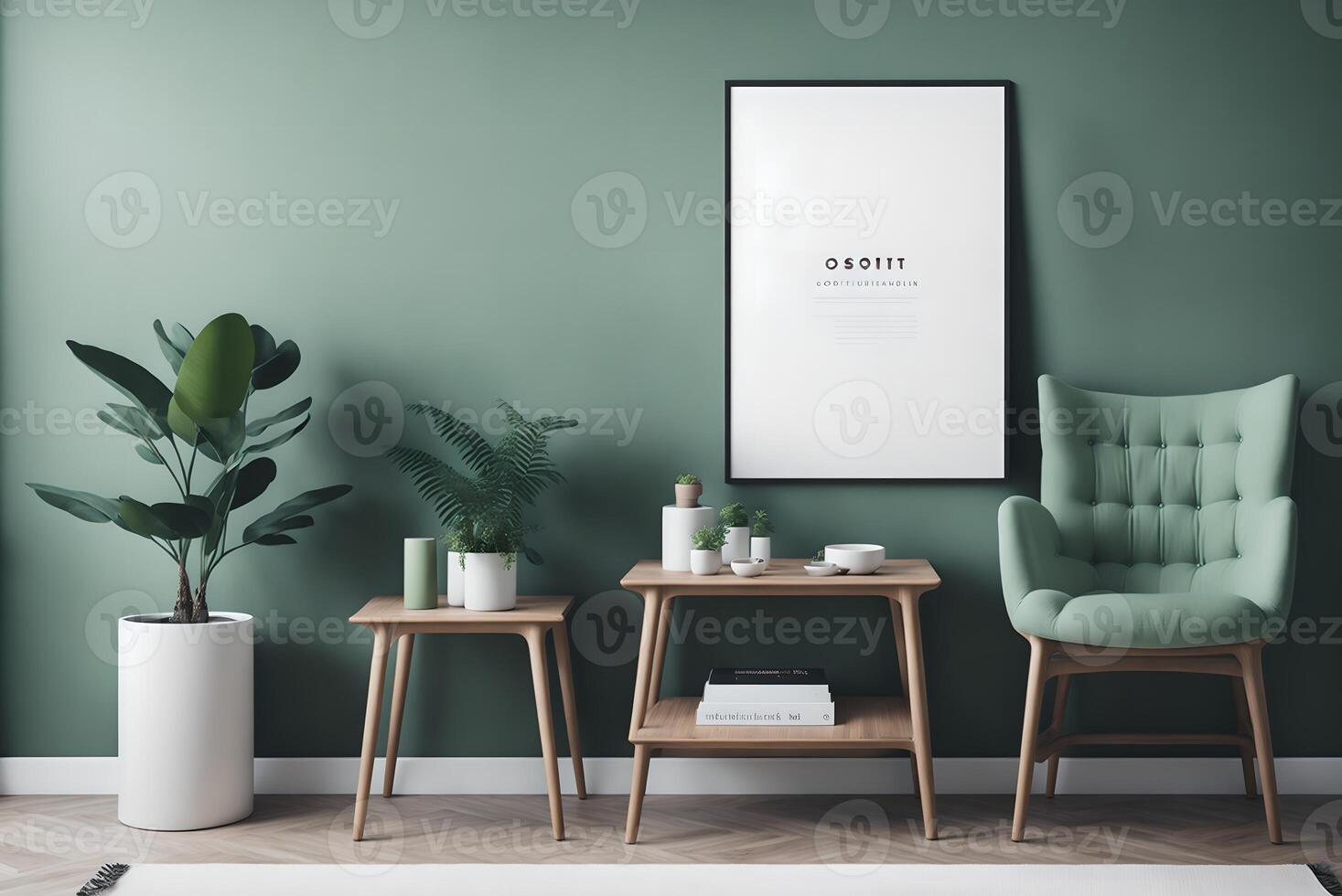 stilvoll Innere Design von Leben Zimmer mit modern Minze Sofa, hölzern Konsole, Würfel, Kaffee Tisch, Lampe, Anlage, spotten oben Poster Rahmen, Dekoration und elegant Zubehör im Zuhause Dekor, ai generiert foto