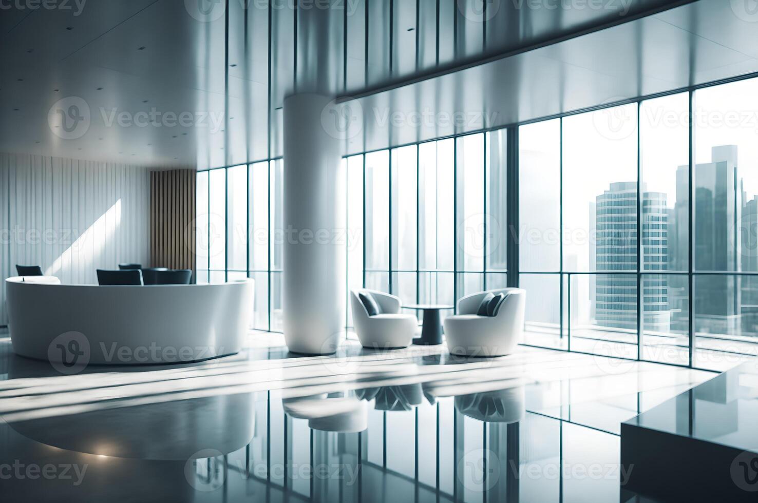 Luxus Weiß Rezeption im ein Geschäft Büro im ein Wolkenkratzer mit Glas groß Fenster Das zeigt an andere Gebäude, Stühle und Tabelle Innere Design, Möbel Dekoration, ai generiert foto