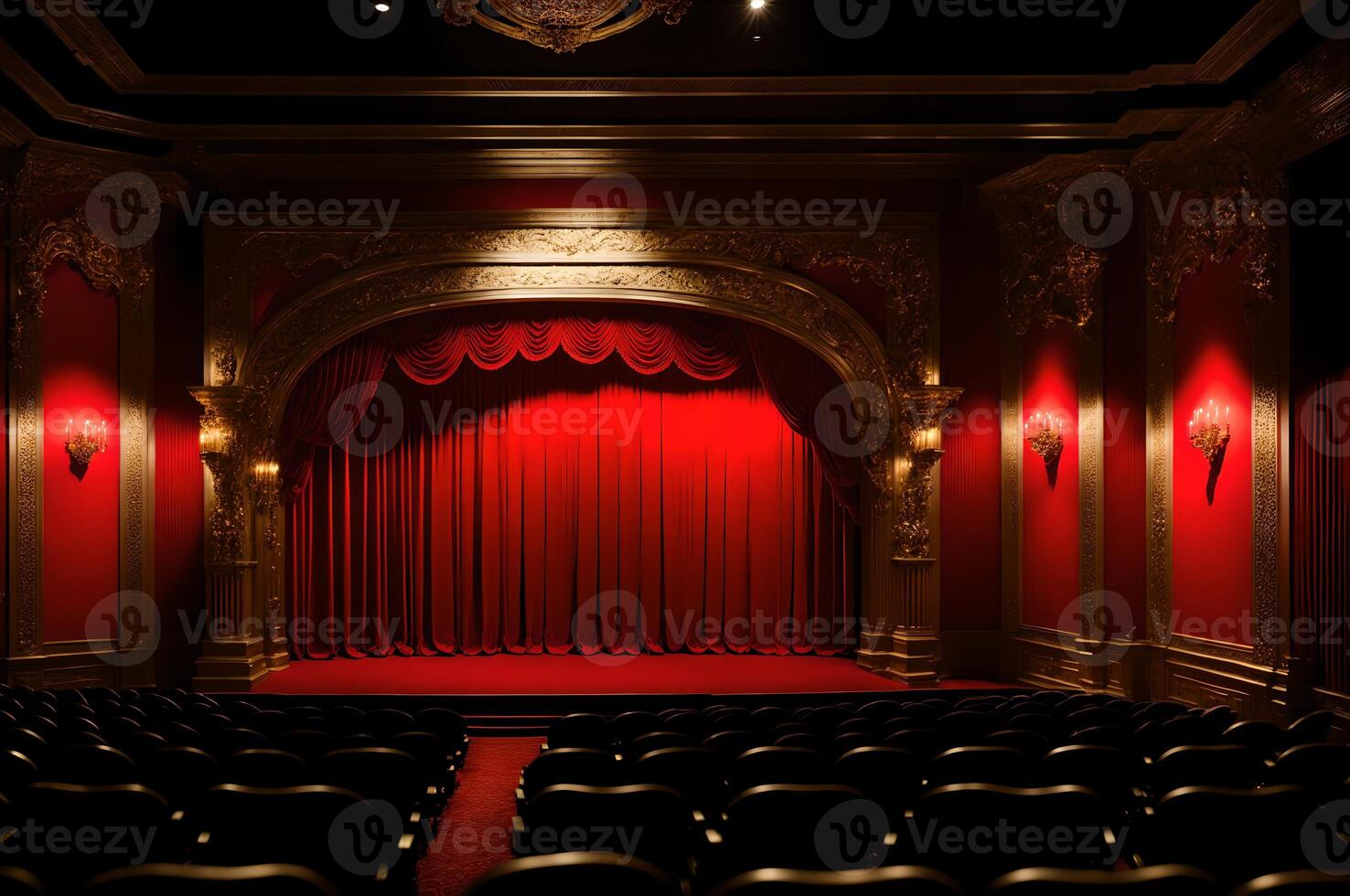 rot Bühne geschlossen Vorhang mit Scheinwerfer, Theater mit rot Stühle, leeren Theater Gold Innere Design, ai generiert foto