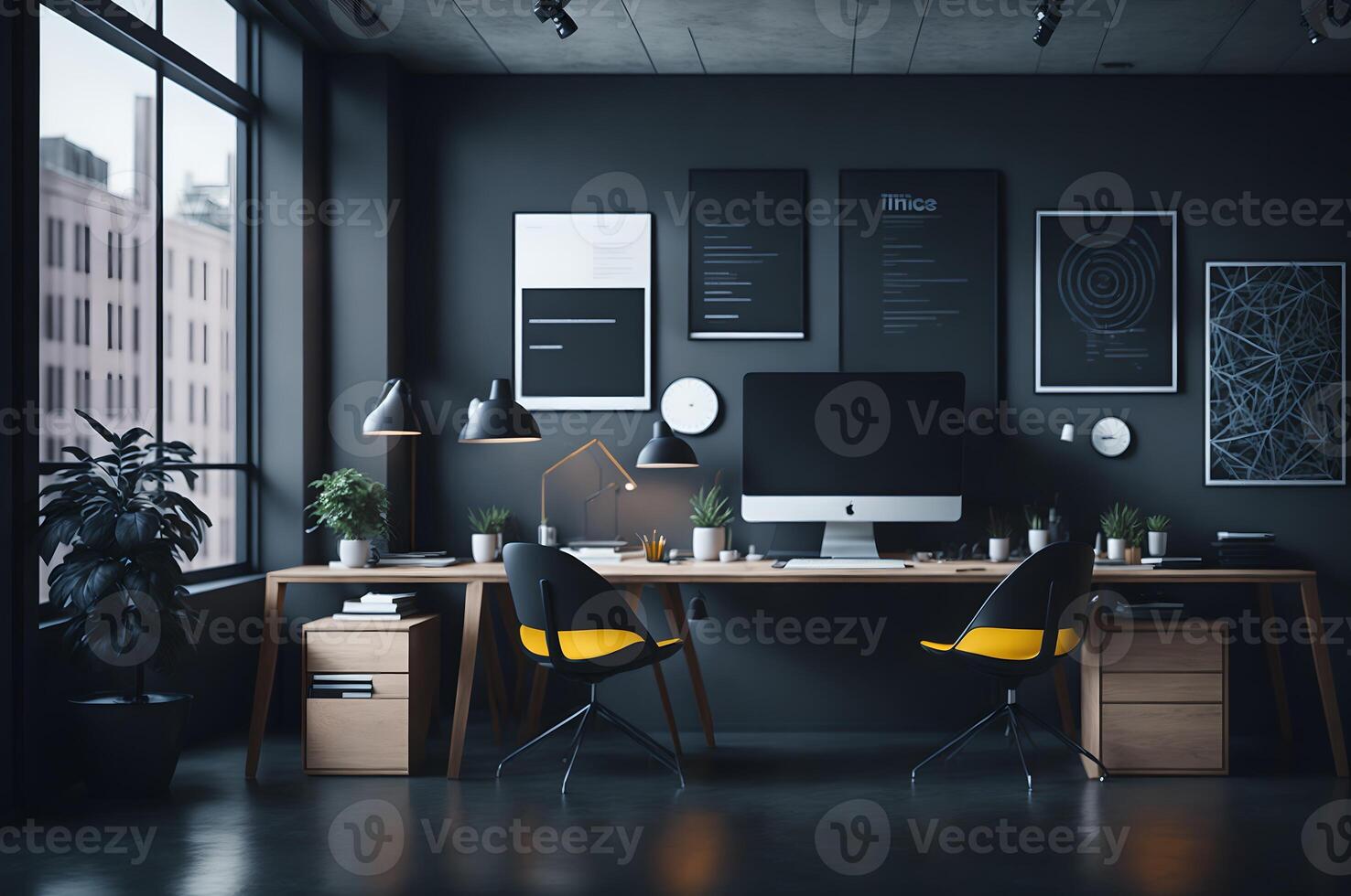 modern Büro Innere mit ein Gelb Stuhl und Schreibtisch und Computer, ai generiert foto
