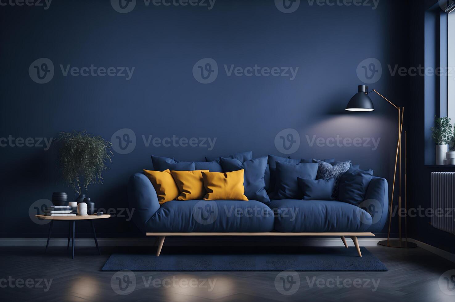 modern Leben Zimmer Innere mit Blau Sofa, Gelb Kopfkissen, und Lampe auf ein dunkel Blau Mauer ai generiert foto
