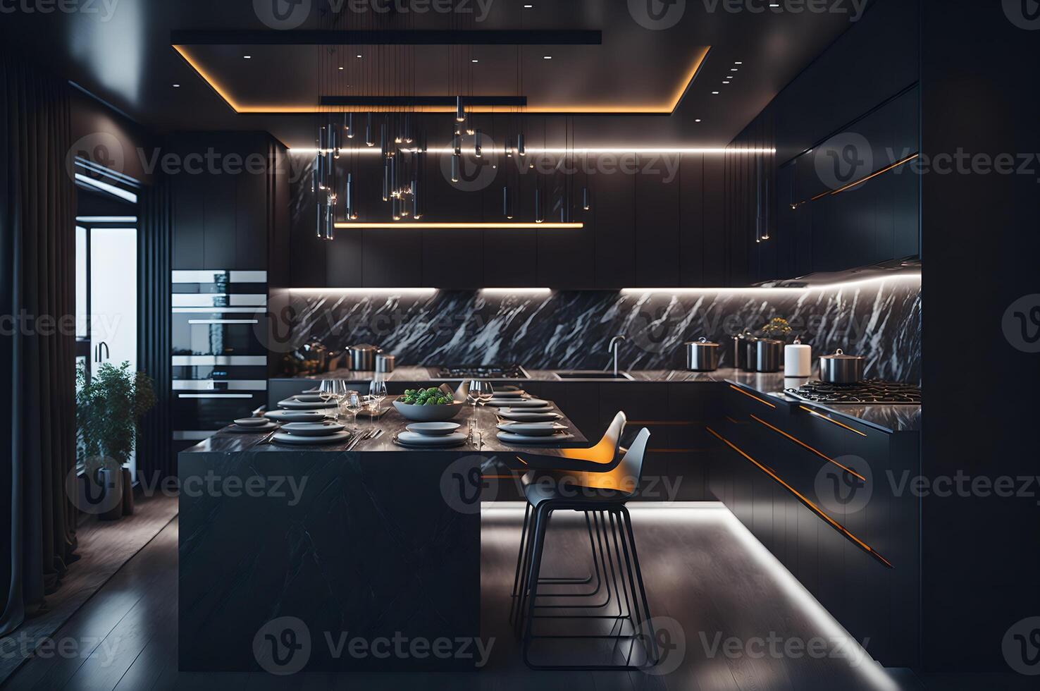 modern Küche Innere, Luxus Dekor zum ein Küche mit LED Licht, Möbel Dekoration, modisch schwarz Stil zum das Innere Küche, ai generiert foto
