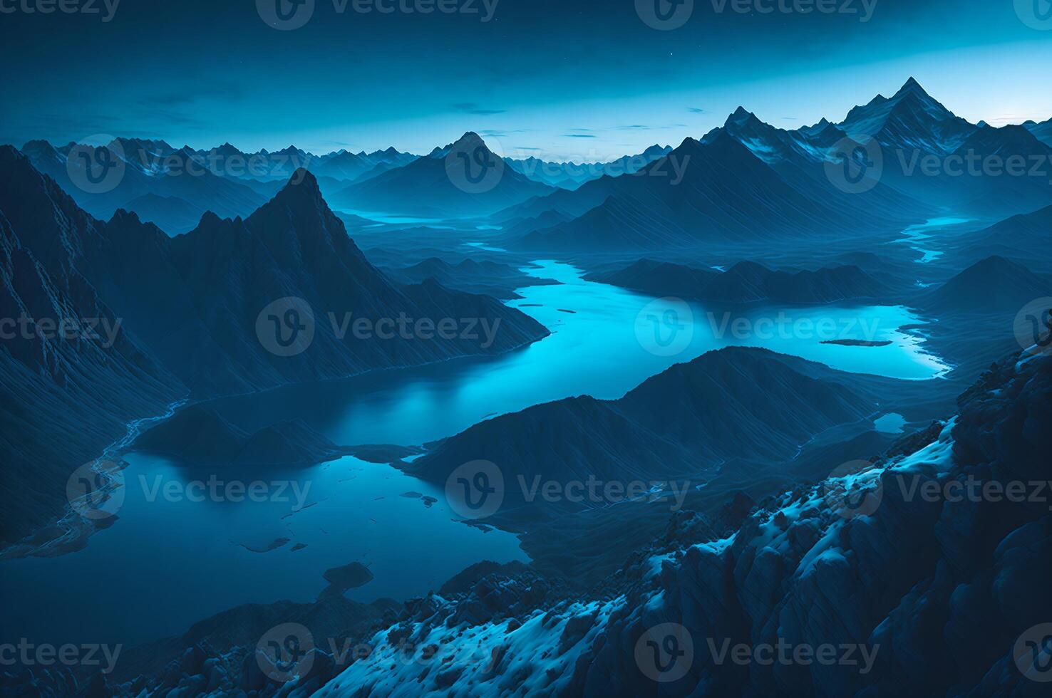 schön Panorama- Landschaft von Wasser Senke um Berge im ein Blau Thema, ai generiert foto