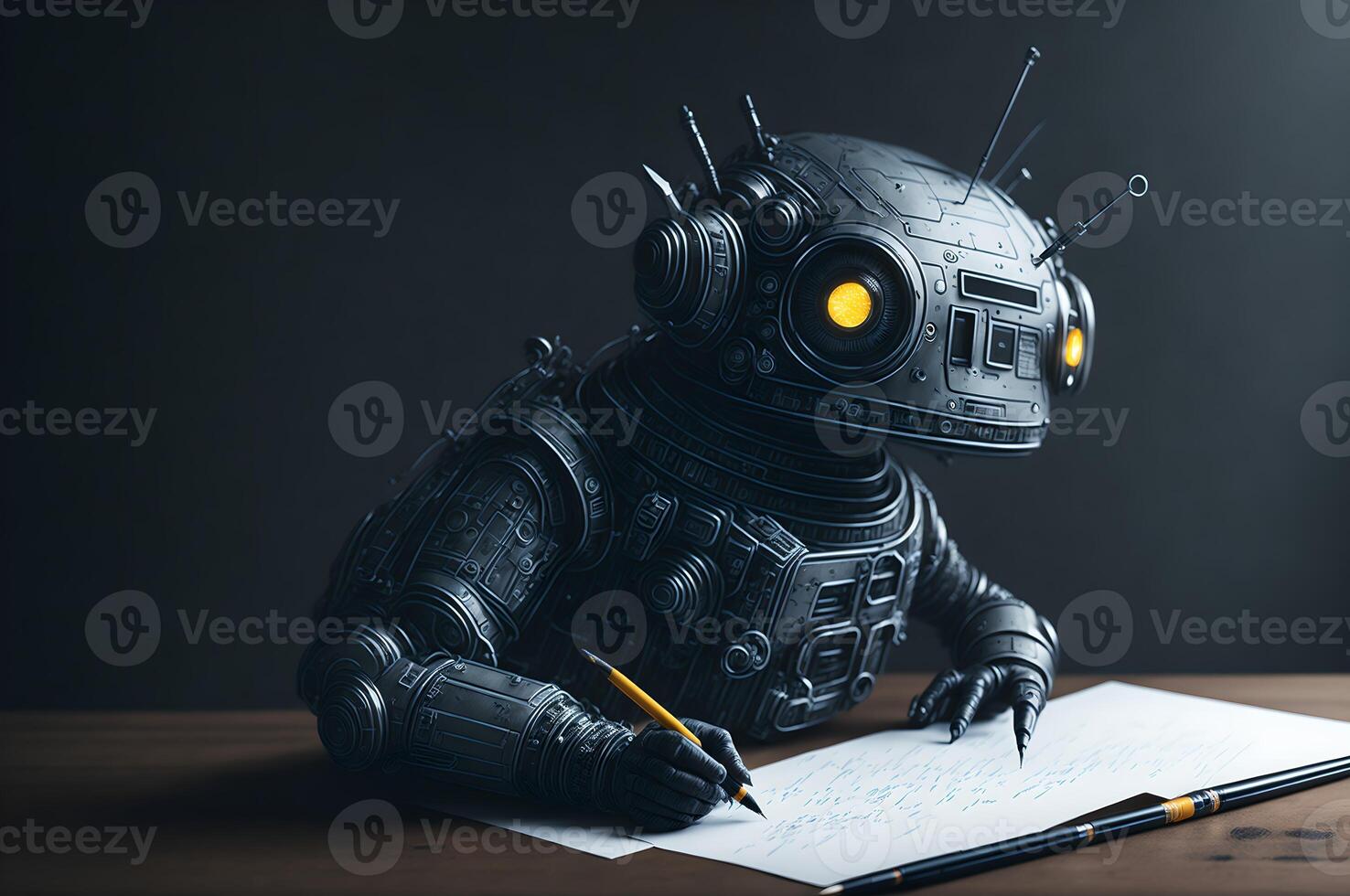Roboter Schreiben auf ein Papier mit Bleistift, künstlich Intelligenz, und Maschine Lernen Konzepte, Plaudern gpt, ai generiert foto