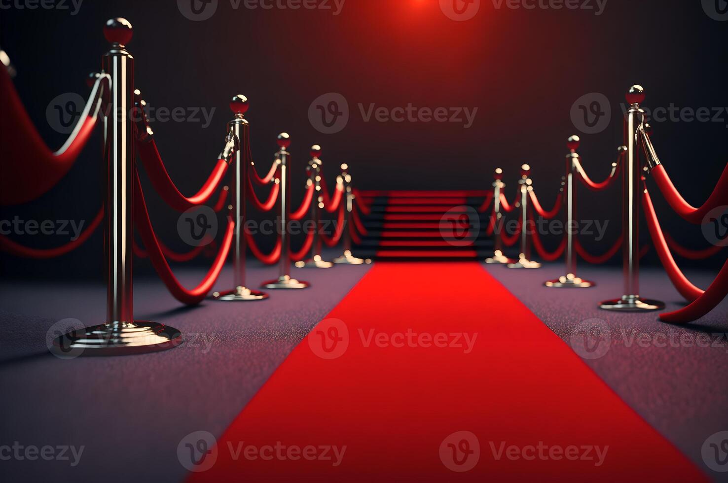 rot Teppich Hintergrund, rot Seil Barrieren und Treppe beim das Ende, ai generiert foto