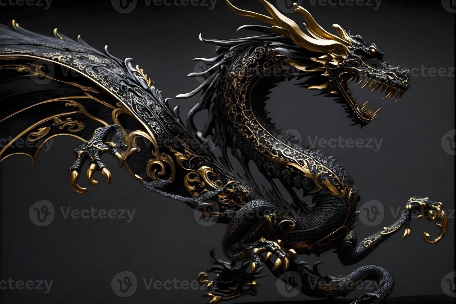 schwarz Gold Chinesisch Drachen. neural Netzwerk ai generiert foto